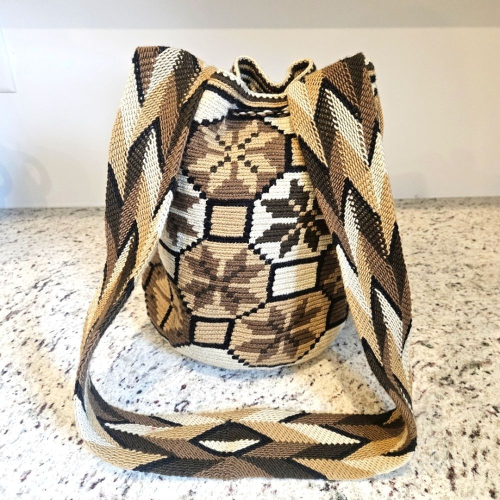 Wayuu Mochila Colombian Crochet Crossbody Geometric Earthtones Drawstring Bag